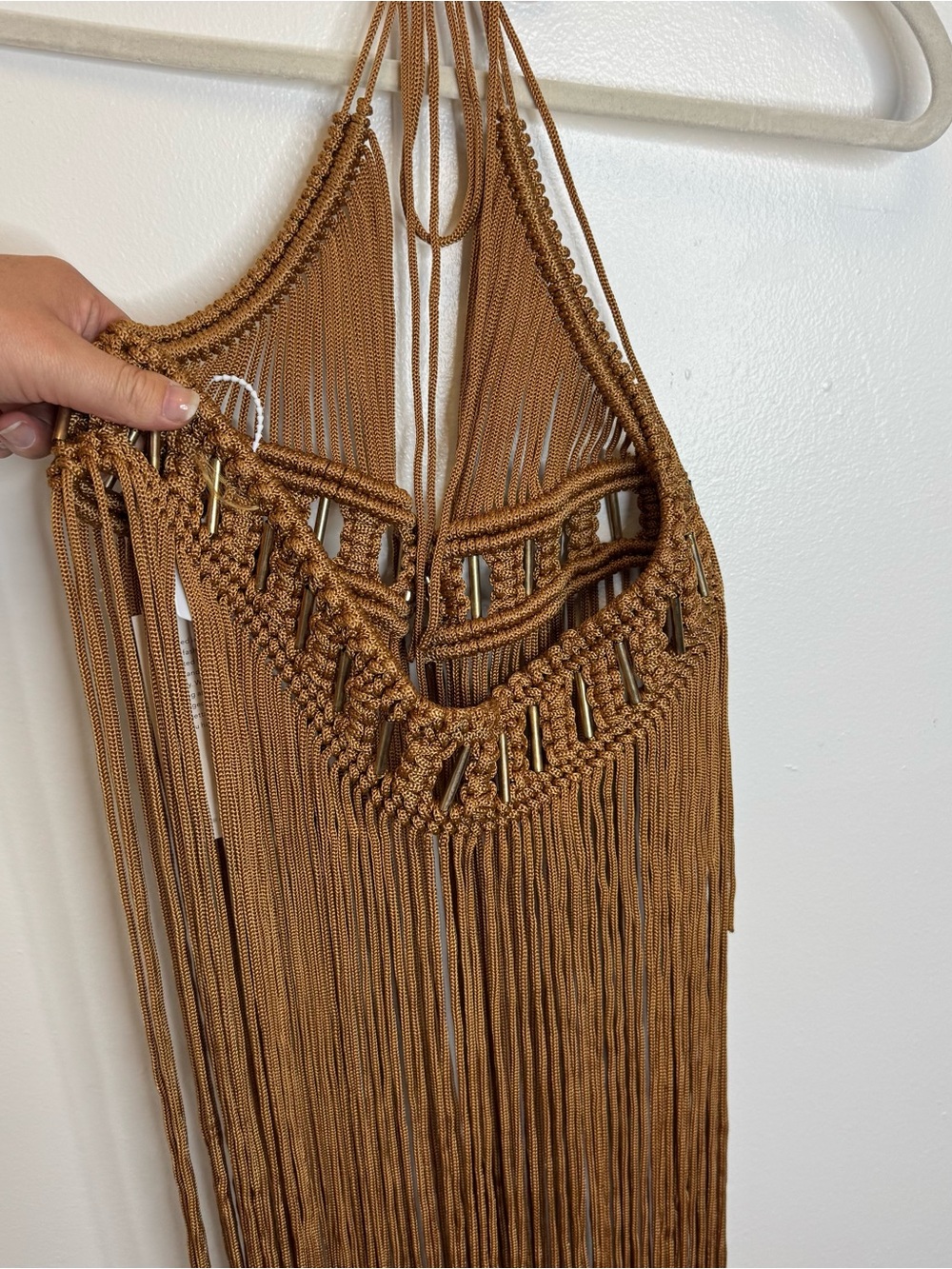 NWT Myxandria Halterneck Fringe Knitted Coverup Dress Large Brown Tan - Picture 8 of 10